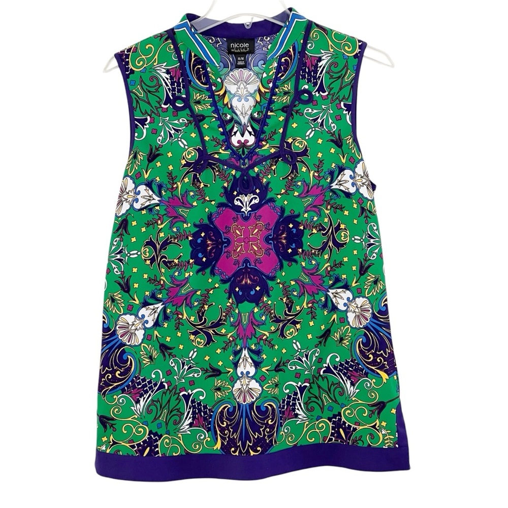 Nicole by Nicole Miller Sleeveless Blouse Tank Top Vibrant Floral Tunic Medium